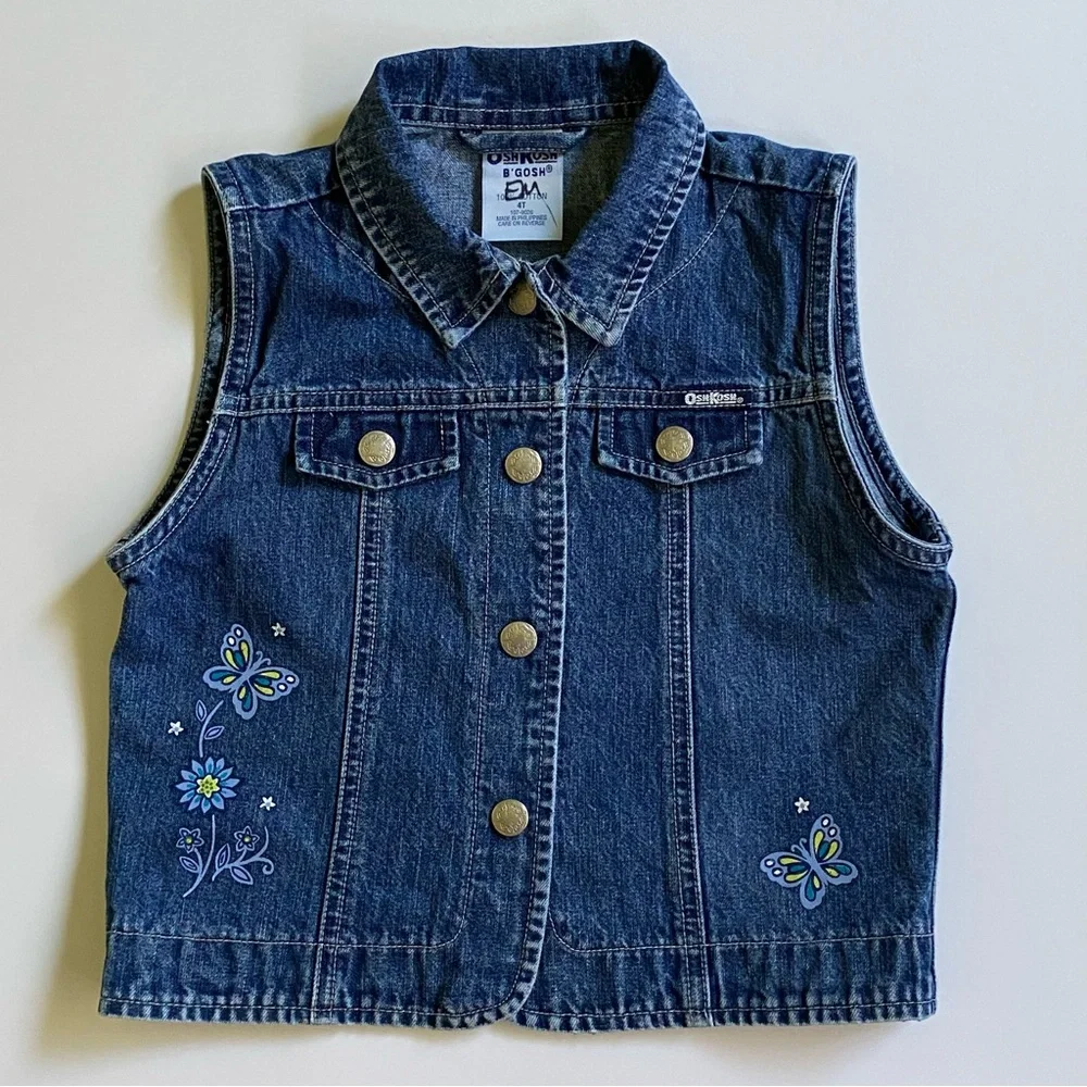 Vintage OSHKOSH Vest 3T Blue 90s Girls Denim Jeans Butterflies USA EUC snaps
